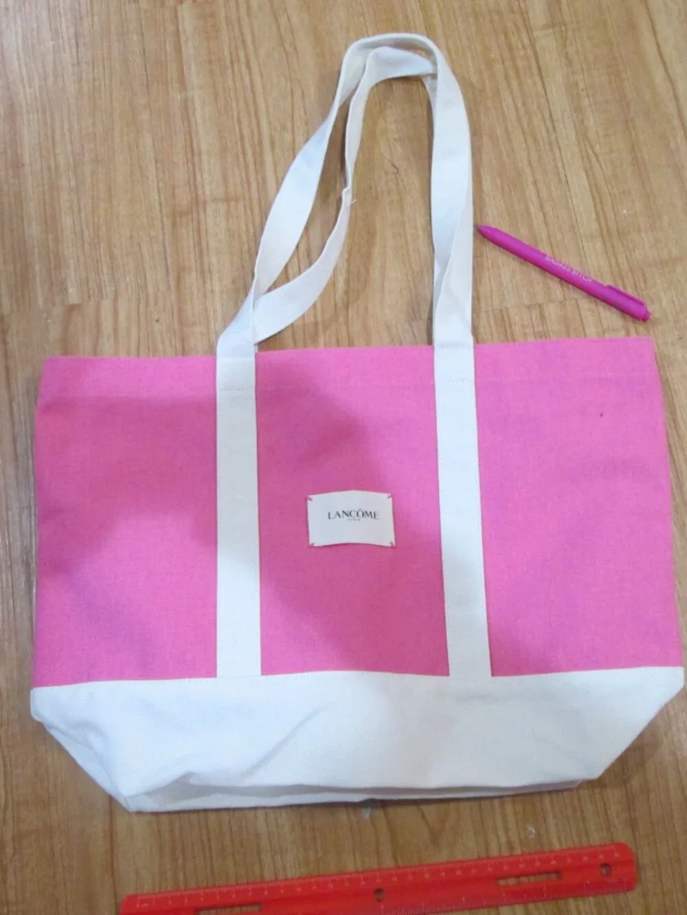 Cute pink and white LANCOME tote bag perfect for summer!